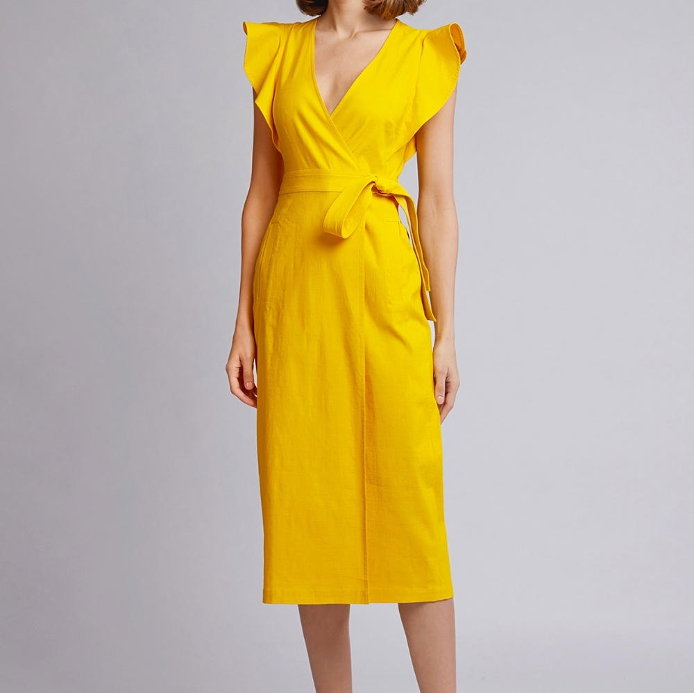A.L.C Yellow Linen Walker Ruffle Midi Wrap Dress 6